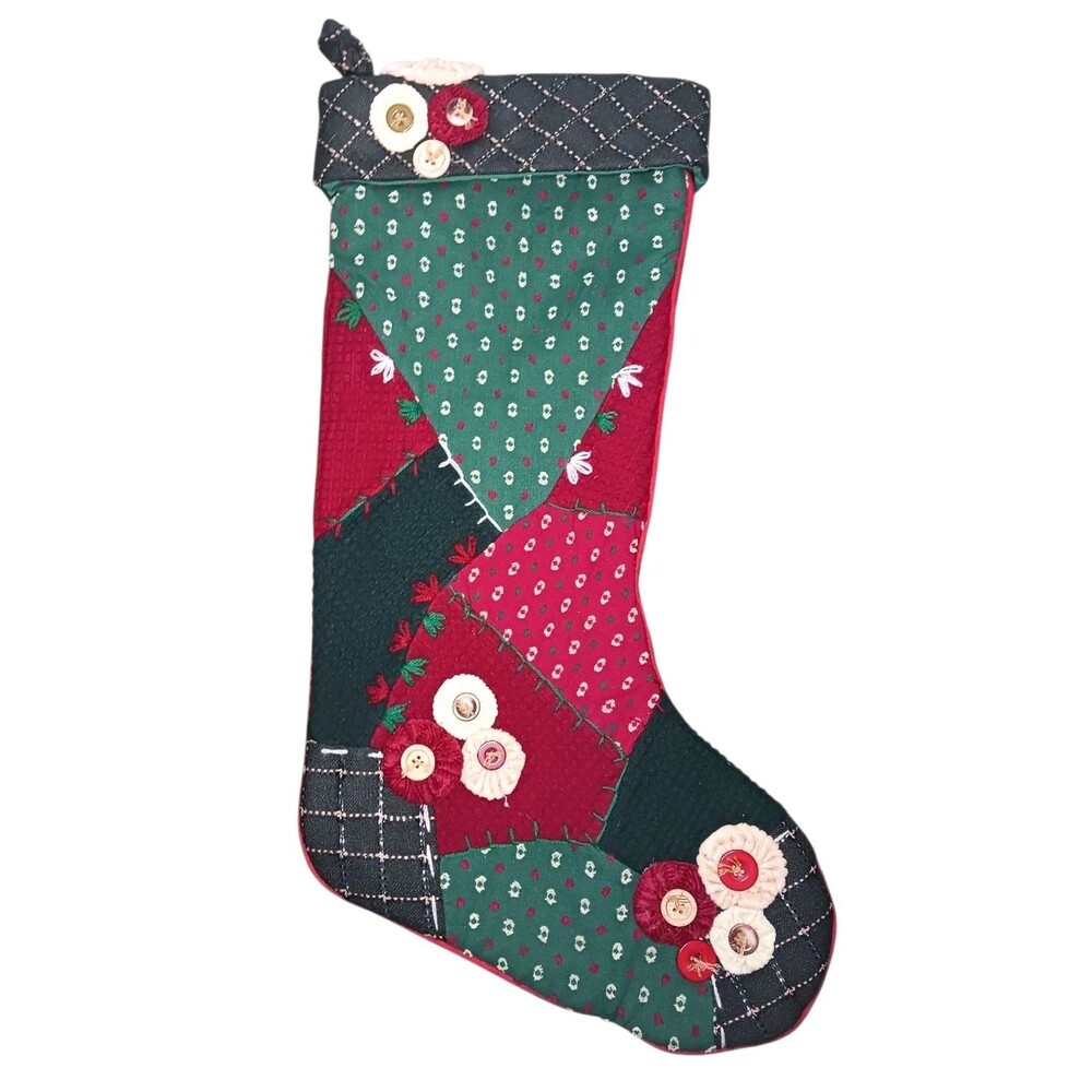 Vintage 90s Handmade Patchwork Quilt Style Christmas Stocking 21" Button Accents